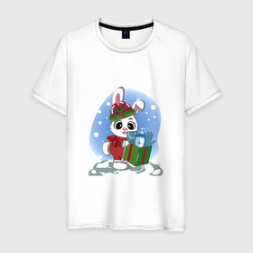 Мужская футболка хлопок с принтом Rabbit with a New Years gift в Курске, 100% хлопок | прямой крой, круглый вырез горловины, длина до линии бедер, слегка спущенное плечо. | Тематика изображения на принте: 