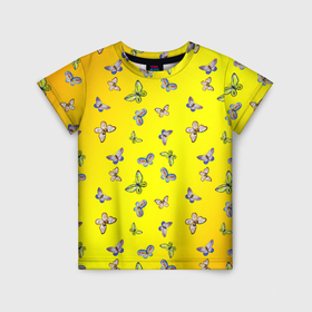 Детская футболка 3D с принтом Бабочки на желтом в Белгороде, 100% гипоаллергенный полиэфир | прямой крой, круглый вырез горловины, длина до линии бедер, чуть спущенное плечо, ткань немного тянется | 