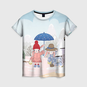Женская футболка 3D с принтом Зайчики  под  зонтом в Кировске, 100% полиэфир ( синтетическое хлопкоподобное полотно) | прямой крой, круглый вырез горловины, длина до линии бедер | 