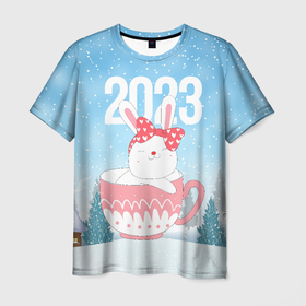 Мужская футболка 3D с принтом Новый год   зайчик в кружке в Курске, 100% полиэфир | прямой крой, круглый вырез горловины, длина до линии бедер | 
