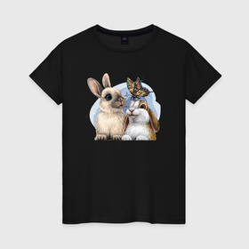 Женская футболка хлопок с принтом влюбленные кролики в Екатеринбурге, 100% хлопок | прямой крой, круглый вырез горловины, длина до линии бедер, слегка спущенное плечо | 