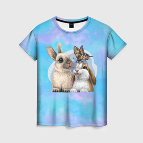 Женская футболка 3D с принтом милые влюбленные кролики в Екатеринбурге, 100% полиэфир ( синтетическое хлопкоподобное полотно) | прямой крой, круглый вырез горловины, длина до линии бедер | 
