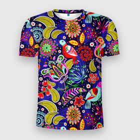 Мужская футболка 3D Slim с принтом Multicolored floral patterns в Новосибирске, 100% полиэстер с улучшенными характеристиками | приталенный силуэт, круглая горловина, широкие плечи, сужается к линии бедра | 