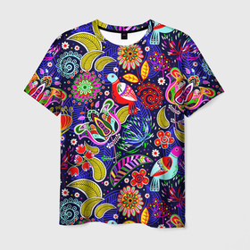 Мужская футболка 3D с принтом Multicolored floral patterns в Екатеринбурге, 100% полиэфир | прямой крой, круглый вырез горловины, длина до линии бедер | 