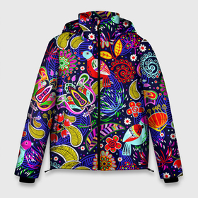 Мужская зимняя куртка 3D с принтом Multicolored floral patterns в Новосибирске, верх — 100% полиэстер; подкладка — 100% полиэстер; утеплитель — 100% полиэстер | длина ниже бедра, свободный силуэт Оверсайз. Есть воротник-стойка, отстегивающийся капюшон и ветрозащитная планка. 

Боковые карманы с листочкой на кнопках и внутренний карман на молнии. | 