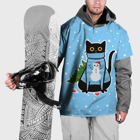 Накидка на куртку 3D с принтом Котик в свитере под снегопадом   синий в Тюмени, 100% полиэстер |  | 