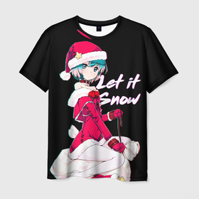 Мужская футболка 3D с принтом Новогодняя аниме девочка Аянами   Let it snow , 100% полиэфир | прямой крой, круглый вырез горловины, длина до линии бедер | 