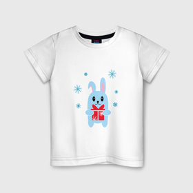 Детская футболка хлопок с принтом Голубой кролик с подарком в Белгороде, 100% хлопок | круглый вырез горловины, полуприлегающий силуэт, длина до линии бедер | 