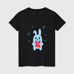 Женская футболка хлопок с принтом Голубой кролик с подарком в Екатеринбурге, 100% хлопок | прямой крой, круглый вырез горловины, длина до линии бедер, слегка спущенное плечо | 