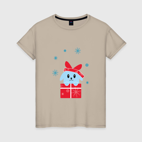 Женская футболка хлопок с принтом Голубой кролик в подарочной коробке в Тюмени, 100% хлопок | прямой крой, круглый вырез горловины, длина до линии бедер, слегка спущенное плечо | 
