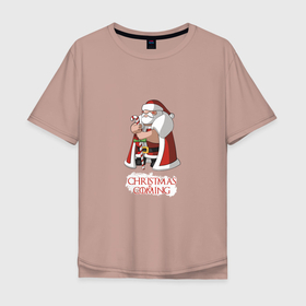 Мужская футболка хлопок Oversize с принтом Christmas is coming в Санкт-Петербурге, 100% хлопок | свободный крой, круглый ворот, “спинка” длиннее передней части | 