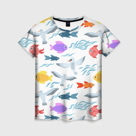 Женская футболка 3D с принтом Рыбки и чайки в Новосибирске, 100% полиэфир ( синтетическое хлопкоподобное полотно) | прямой крой, круглый вырез горловины, длина до линии бедер | 