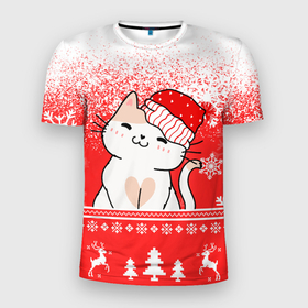 Мужская футболка 3D Slim с принтом Новогодний милый котик , 100% полиэстер с улучшенными характеристиками | приталенный силуэт, круглая горловина, широкие плечи, сужается к линии бедра | 