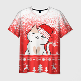 Мужская футболка 3D с принтом Новогодний милый котик в Екатеринбурге, 100% полиэфир | прямой крой, круглый вырез горловины, длина до линии бедер | 