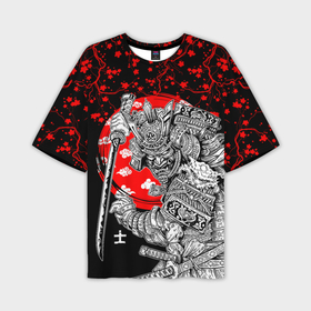 Мужская футболка oversize 3D с принтом Самурай и сакура на черном фоне в Курске,  |  | 