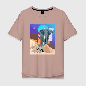 Мужская футболка хлопок Oversize с принтом слон и пирамиды в Кировске, 100% хлопок | свободный крой, круглый ворот, “спинка” длиннее передней части | 
