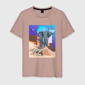 Мужская футболка хлопок с принтом слон и пирамиды в Белгороде, 100% хлопок | прямой крой, круглый вырез горловины, длина до линии бедер, слегка спущенное плечо. | Тематика изображения на принте: 