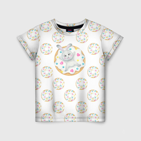 Детская футболка 3D с принтом Кролик сладкоежка с белыми пончиками в Курске, 100% гипоаллергенный полиэфир | прямой крой, круглый вырез горловины, длина до линии бедер, чуть спущенное плечо, ткань немного тянется | Тематика изображения на принте: 