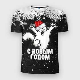 Мужская футболка 3D Slim с принтом С Новым годом   кот Саймона и снежинки в Санкт-Петербурге, 100% полиэстер с улучшенными характеристиками | приталенный силуэт, круглая горловина, широкие плечи, сужается к линии бедра | Тематика изображения на принте: 