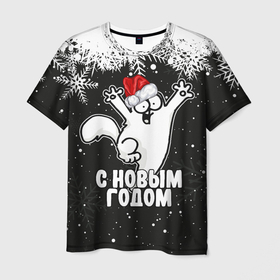 Мужская футболка 3D с принтом С Новым годом   кот Саймона и снежинки в Екатеринбурге, 100% полиэфир | прямой крой, круглый вырез горловины, длина до линии бедер | 