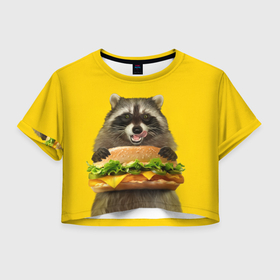 Женская футболка Crop-top 3D с принтом Голодный енот с бургером в Санкт-Петербурге, 100% полиэстер | круглая горловина, длина футболки до линии талии, рукава с отворотами | 