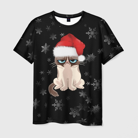 Мужская футболка 3D с принтом Грустный кот новый год , 100% полиэфир | прямой крой, круглый вырез горловины, длина до линии бедер | 