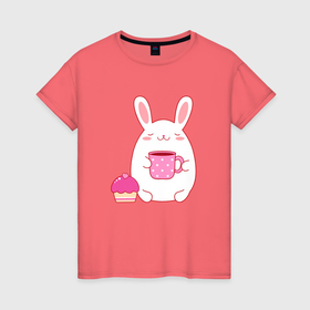Женская футболка хлопок с принтом круглый зайчик с кексом и кофе в Курске, 100% хлопок | прямой крой, круглый вырез горловины, длина до линии бедер, слегка спущенное плечо | 