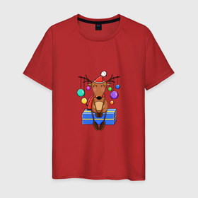 Мужская футболка хлопок с принтом Новогодний олень в елочных игрушках , 100% хлопок | прямой крой, круглый вырез горловины, длина до линии бедер, слегка спущенное плечо. | 