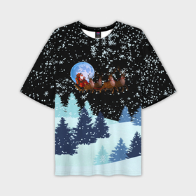Мужская футболка oversize 3D с принтом Санта на оленях в ночном небе в Екатеринбурге,  |  | 