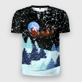 Мужская футболка 3D Slim с принтом Санта на оленях в ночном небе в Новосибирске, 100% полиэстер с улучшенными характеристиками | приталенный силуэт, круглая горловина, широкие плечи, сужается к линии бедра | 