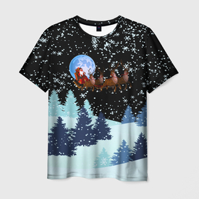 Мужская футболка 3D с принтом Санта на оленях в ночном небе в Кировске, 100% полиэфир | прямой крой, круглый вырез горловины, длина до линии бедер | Тематика изображения на принте: 