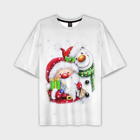 Мужская футболка oversize 3D с принтом Дед Мороз и снеговик с подарками в Тюмени,  |  | Тематика изображения на принте: 