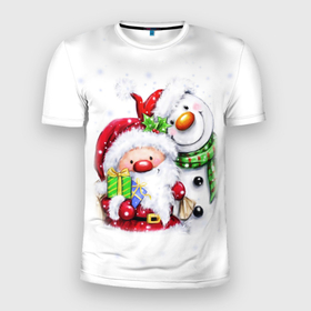 Мужская футболка 3D Slim с принтом Дед Мороз и снеговик с подарками в Екатеринбурге, 100% полиэстер с улучшенными характеристиками | приталенный силуэт, круглая горловина, широкие плечи, сужается к линии бедра | Тематика изображения на принте: 