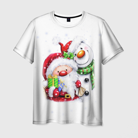 Мужская футболка 3D с принтом Дед Мороз и снеговик с подарками , 100% полиэфир | прямой крой, круглый вырез горловины, длина до линии бедер | 