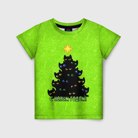 Детская футболка 3D с принтом С Новым годом   ёлочка из кошечек в Екатеринбурге, 100% гипоаллергенный полиэфир | прямой крой, круглый вырез горловины, длина до линии бедер, чуть спущенное плечо, ткань немного тянется | 