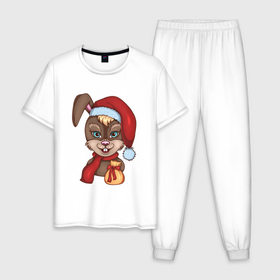 Мужская пижама хлопок с принтом Кролик новогодний в шапке Деда Мороза с подарком в Екатеринбурге, 100% хлопок | брюки и футболка прямого кроя, без карманов, на брюках мягкая резинка на поясе и по низу штанин
 | 