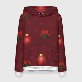Женская толстовка 3D с принтом Новогодние красные шарики в Тюмени, 100% полиэстер  | двухслойный капюшон со шнурком для регулировки, мягкие манжеты на рукавах и по низу толстовки, спереди карман-кенгуру с мягким внутренним слоем. | 