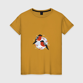 Женская футболка хлопок с принтом Два снегиря в Петрозаводске, 100% хлопок | прямой крой, круглый вырез горловины, длина до линии бедер, слегка спущенное плечо | 