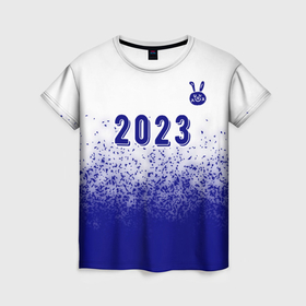Женская футболка 3D с принтом 2023 Кролик рисованный: символ сверху на светлом в Екатеринбурге, 100% полиэфир ( синтетическое хлопкоподобное полотно) | прямой крой, круглый вырез горловины, длина до линии бедер | 