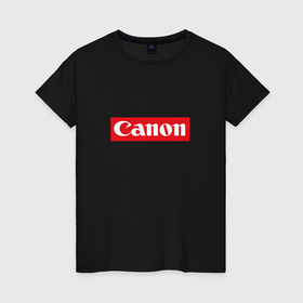 Женская футболка хлопок с принтом Canon   логотип в красном прямоугольнике в Курске, 100% хлопок | прямой крой, круглый вырез горловины, длина до линии бедер, слегка спущенное плечо | 