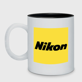 Кружка двухцветная с принтом Nikon   логотип на желтом фоне в Петрозаводске, керамика | объем — 330 мл, диаметр — 80 мм. Цветная ручка и кайма сверху, в некоторых цветах — вся внутренняя часть | Тематика изображения на принте: 