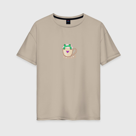 Женская футболка хлопок Oversize с принтом Милая лягушка кружка , 100% хлопок | свободный крой, круглый ворот, спущенный рукав, длина до линии бедер
 | 