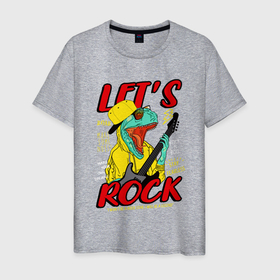 Мужская футболка хлопок с принтом Динозавр рок гитарист в Санкт-Петербурге, 100% хлопок | прямой крой, круглый вырез горловины, длина до линии бедер, слегка спущенное плечо. | 