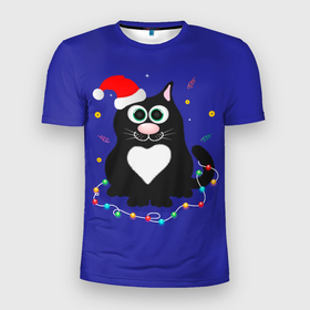 Мужская футболка 3D Slim с принтом Черный пушистый кот в шапке Санта Клауса в Белгороде, 100% полиэстер с улучшенными характеристиками | приталенный силуэт, круглая горловина, широкие плечи, сужается к линии бедра | 