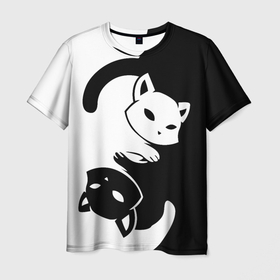 Мужская футболка 3D с принтом Инь янь: котики в Новосибирске, 100% полиэфир | прямой крой, круглый вырез горловины, длина до линии бедер | 