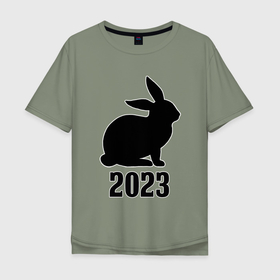 Мужская футболка хлопок Oversize с принтом 2023 силуэт кролика чёрный , 100% хлопок | свободный крой, круглый ворот, “спинка” длиннее передней части | 