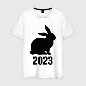 Мужская футболка хлопок с принтом 2023 силуэт кролика чёрный , 100% хлопок | прямой крой, круглый вырез горловины, длина до линии бедер, слегка спущенное плечо. | Тематика изображения на принте: 