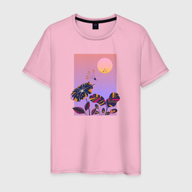 Мужская футболка хлопок с принтом Минимализм вечерние растения в Тюмени, 100% хлопок | прямой крой, круглый вырез горловины, длина до линии бедер, слегка спущенное плечо. | 
