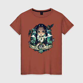 Женская футболка хлопок с принтом Уэнсдей Аддамс Wednesday Addams в Белгороде, 100% хлопок | прямой крой, круглый вырез горловины, длина до линии бедер, слегка спущенное плечо | 