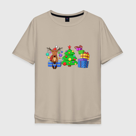 Мужская футболка хлопок Oversize с принтом Новогоднее настроение , милый олень в Тюмени, 100% хлопок | свободный крой, круглый ворот, “спинка” длиннее передней части | 